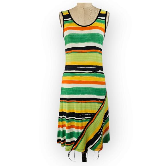 Libra scoop neck abstract bright green orange stripe sleeveless dress Smalll - Picture 1 of 6